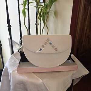 NIB Champagne Italy off white half moon purse with‎ gemstones, AS IS